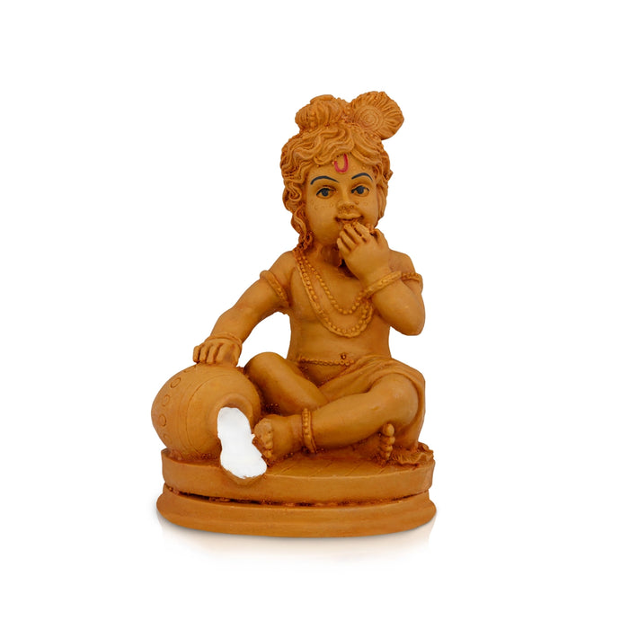 Krishna Sitting On Base Murti - 4.5 x 3 Inches | Resin Wood Finish Idol/ Laddu Gopal Statue For Pooja
