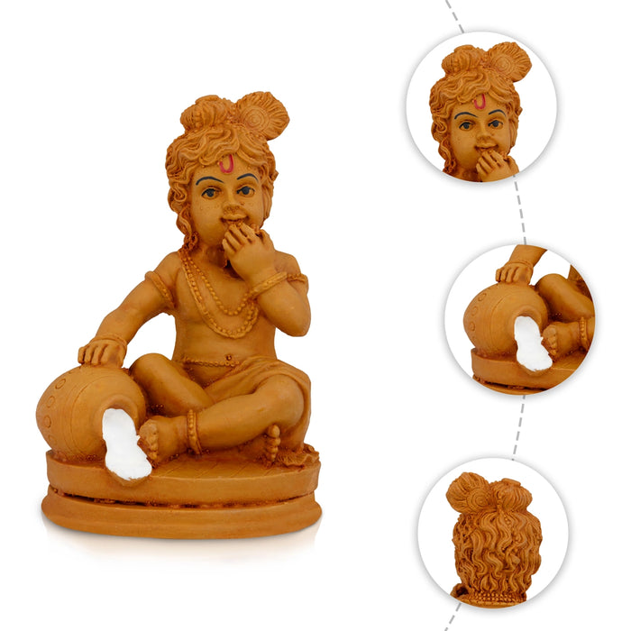 Krishna Sitting On Base Murti - 4.5 x 3 Inches | Resin Wood Finish Idol/ Laddu Gopal Statue For Pooja
