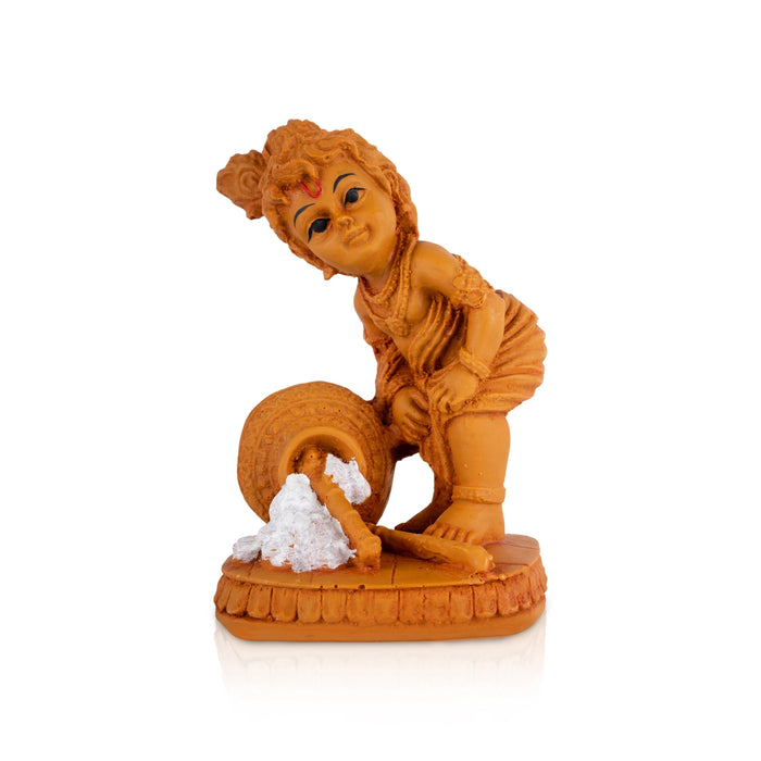 Lord Krishna With Pot Statue - 5.5 x 3.5 Inches| Resin Wood Finish Idol/ Kanha Ji Murti For Home Decor