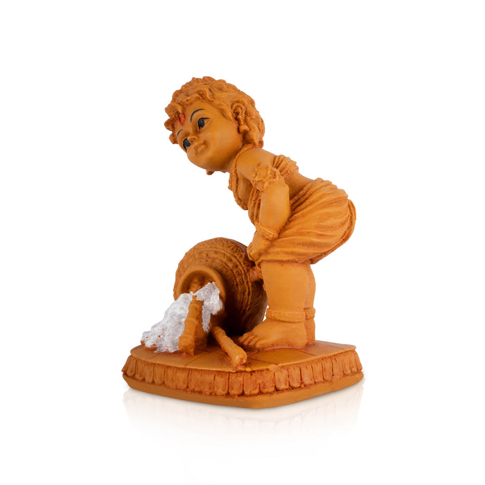 Lord Krishna With Pot Statue - 5.5 x 3.5 Inches| Resin Wood Finish Idol/ Kanha Ji Murti For Home Decor