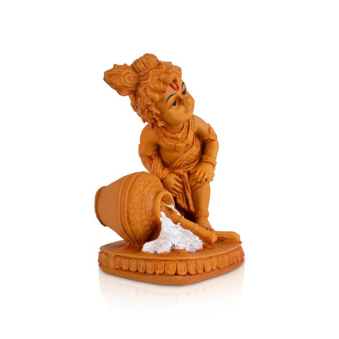 Lord Krishna With Pot Statue - 5.5 x 3.5 Inches| Resin Wood Finish Idol/ Kanha Ji Murti For Home Decor