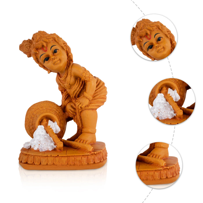 Lord Krishna With Pot Statue - 5.5 x 3.5 Inches| Resin Wood Finish Idol/ Kanha Ji Murti For Home Decor