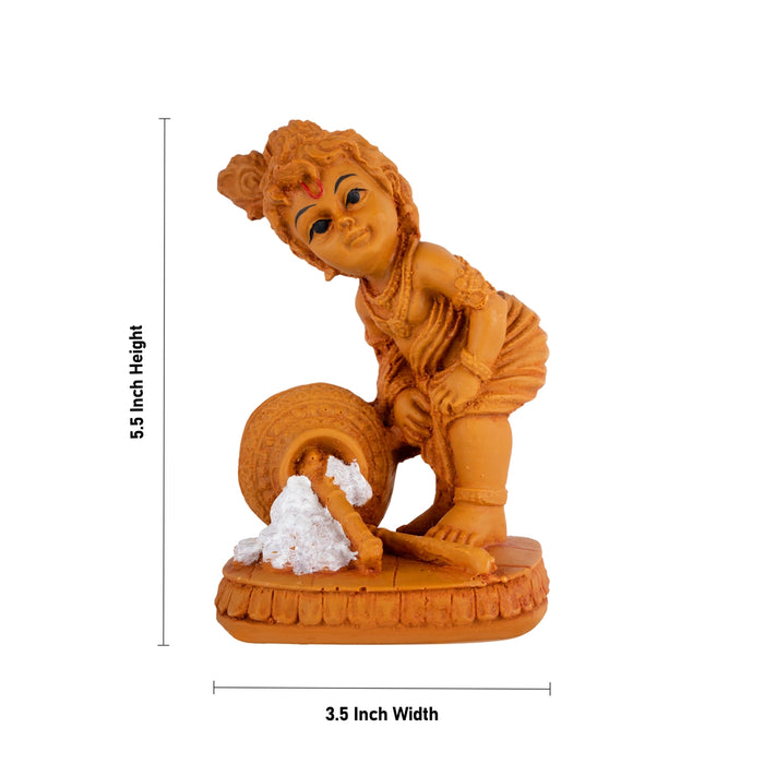 Lord Krishna With Pot Statue - 5.5 x 3.5 Inches| Resin Wood Finish Idol/ Kanha Ji Murti For Home Decor