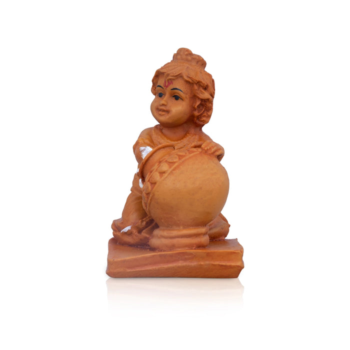 Butter Krishna Murti With Pot - 4 x 3 Inches | Resin Statue/ Wooden Polish Krishna Statue With Base for Pooja