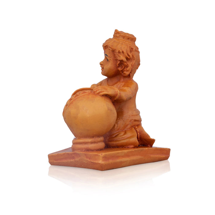 Butter Krishna Murti With Pot - 4 x 3 Inches | Resin Statue/ Wooden Polish Krishna Statue With Base for Pooja