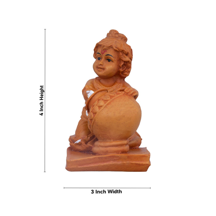 Butter Krishna Murti With Pot - 4 x 3 Inches | Resin Statue/ Wooden Polish Krishna Statue With Base for Pooja