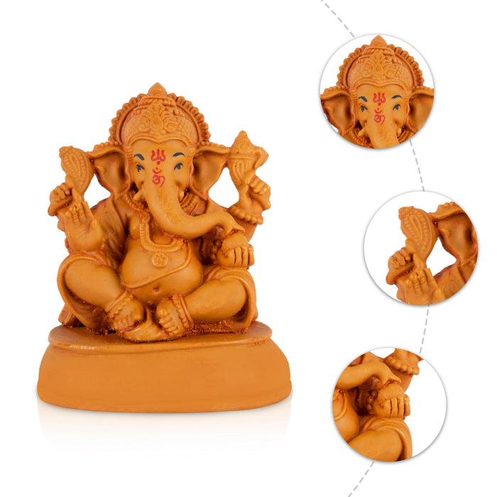 Pillaiyar Sitting On Base Statue - 4.25 x 3.25 Inches| Resin Wood Finish Idol/ Ganesha Murti For Living Room