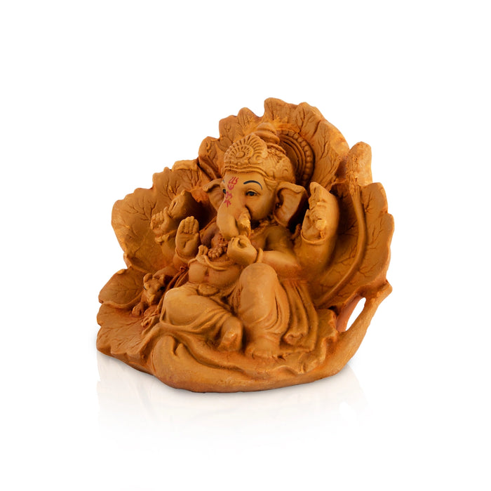 Ganesha Sitting On Leaf Base Statue - 4 x 4.5 Inches| Resin Wood Finish Idol/ Ganpati Murti For Festive Decor