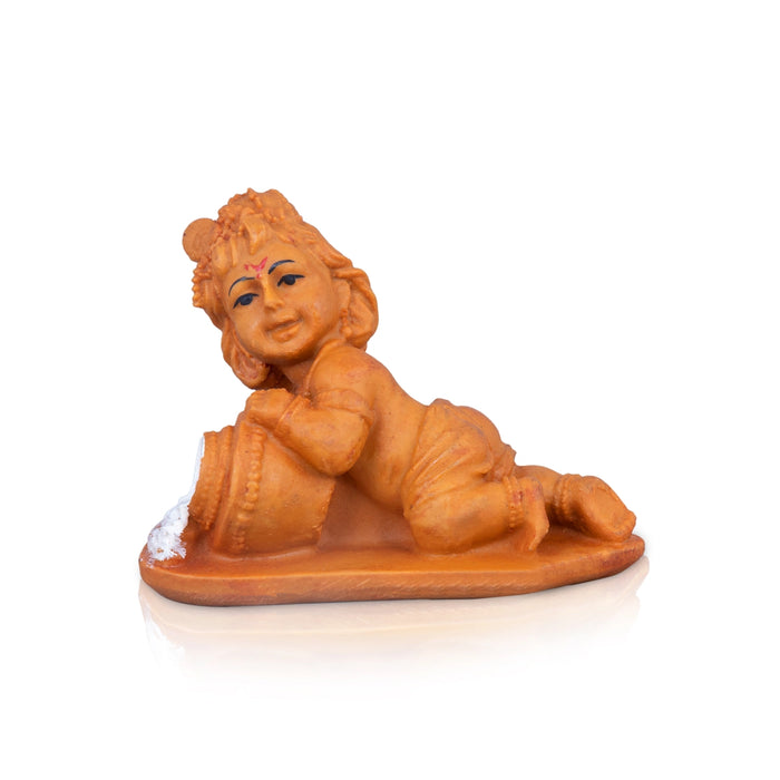 Butter Krishna Statue - 6 x 3 Inches| Resin Wood Finish Murti/ Lord Krishna Idol For Pooja Decor