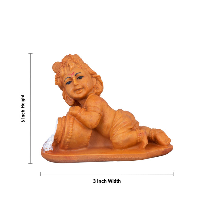 Butter Krishna Statue - 6 x 3 Inches| Resin Wood Finish Murti/ Lord Krishna Idol For Pooja Decor