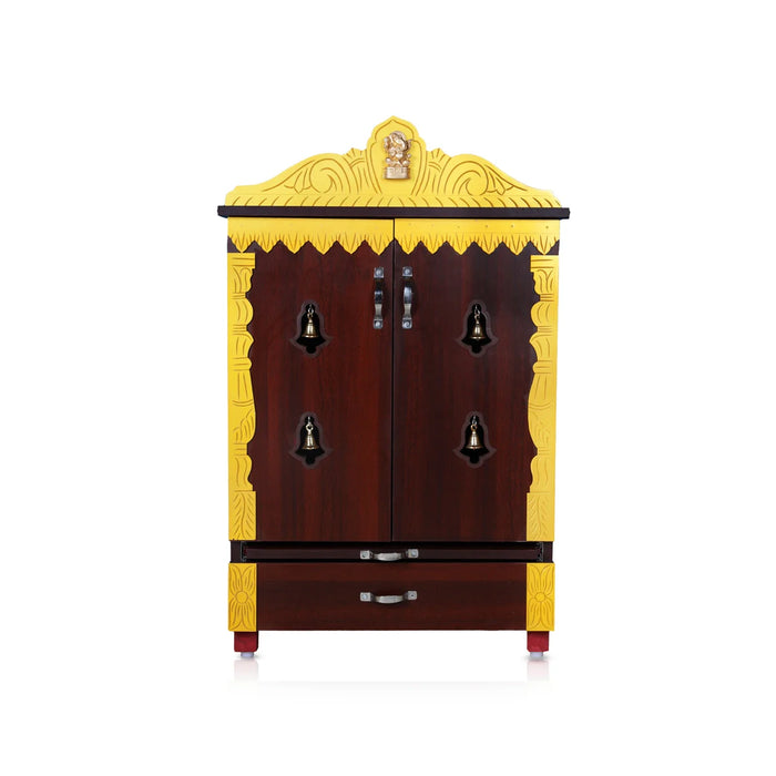 Pooja Mandir With Doors - 40 x 25 Inches | Wooden Mandir/ Bell With Leg Puja Stand/ Wooden Temple for Home