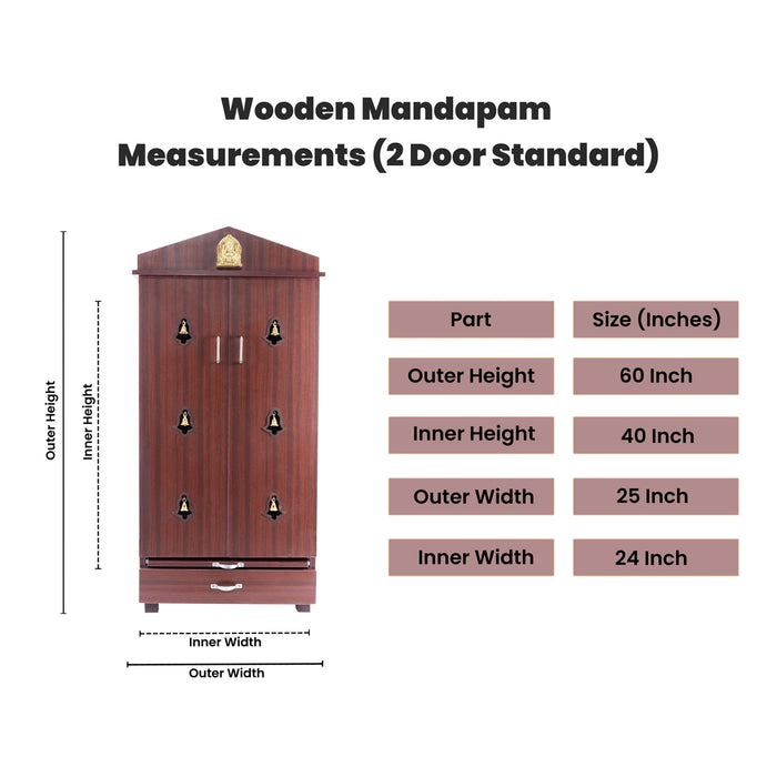 Pooja Mandir With Door | Inner 42 X 24 Inch/ Outer 60 X 25 Inch/ Puja Stand With Bell/ Wooden Temple For Home