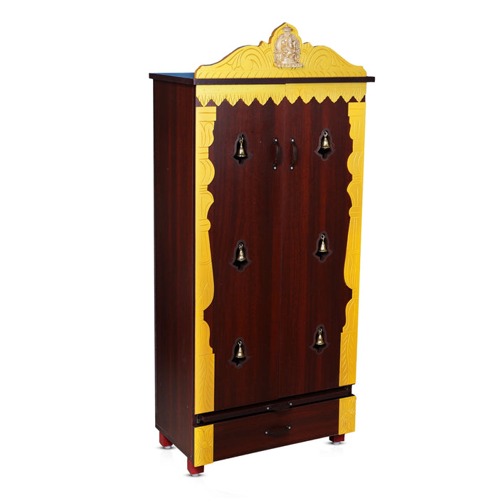 Wooden Temple With Doors | Inner 47 x 24 Inches/ Outer 57 x 25 Inches/ Pooja Mandir With Bell for Home