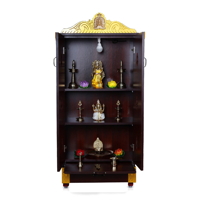 Wooden Temple With Doors | Inner 47 x 24 Inches/ Outer 57 x 25 Inches/ Pooja Mandir With Bell for Home
