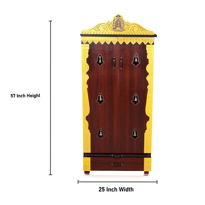Wooden Temple With Doors | Inner 47 x 24 Inches/ Outer 57 x 25 Inches/ Pooja Mandir With Bell for Home