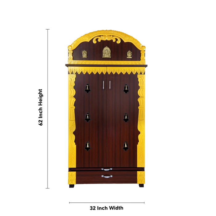 Pooja Mandir With Doors - 62 x 32 Inches | Bell With Leg Puja Stand/ Puja Mandapam/ Wooden Temple for Home