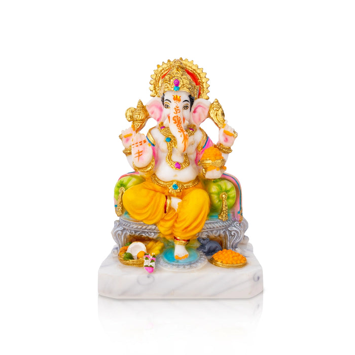 Ganesh Murti Sitting On Sinhasan - 7 X 5 Inches | Marble Dust Murti/ Painted Vinayaka Statue For Worship