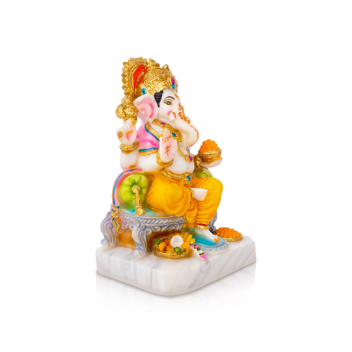 Ganesh Murti Sitting On Sinhasan - 7 X 5 Inches | Marble Dust Murti/ Painted Vinayaka Statue For Worship