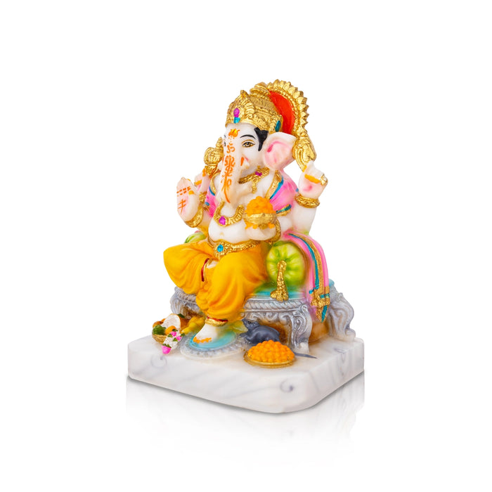 Ganesh Murti Sitting On Sinhasan - 7 X 5 Inches | Marble Dust Murti/ Painted Vinayaka Statue For Worship