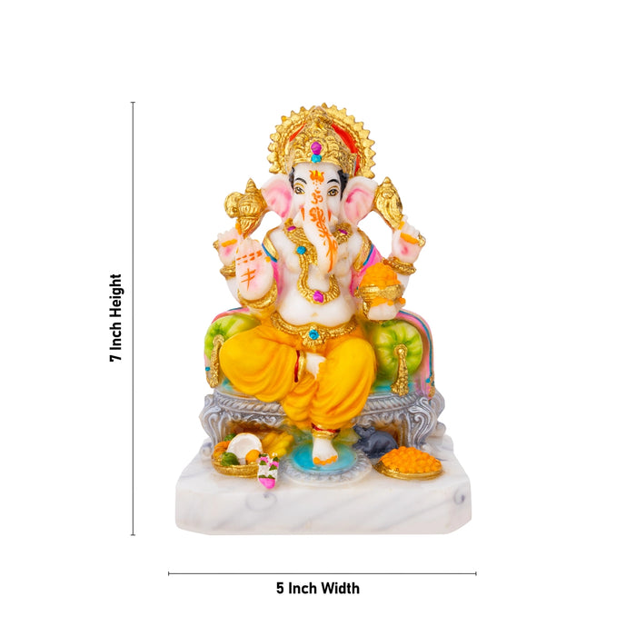 Ganesh Murti Sitting On Sinhasan - 7 X 5 Inches | Marble Dust Murti/ Painted Vinayaka Statue For Worship