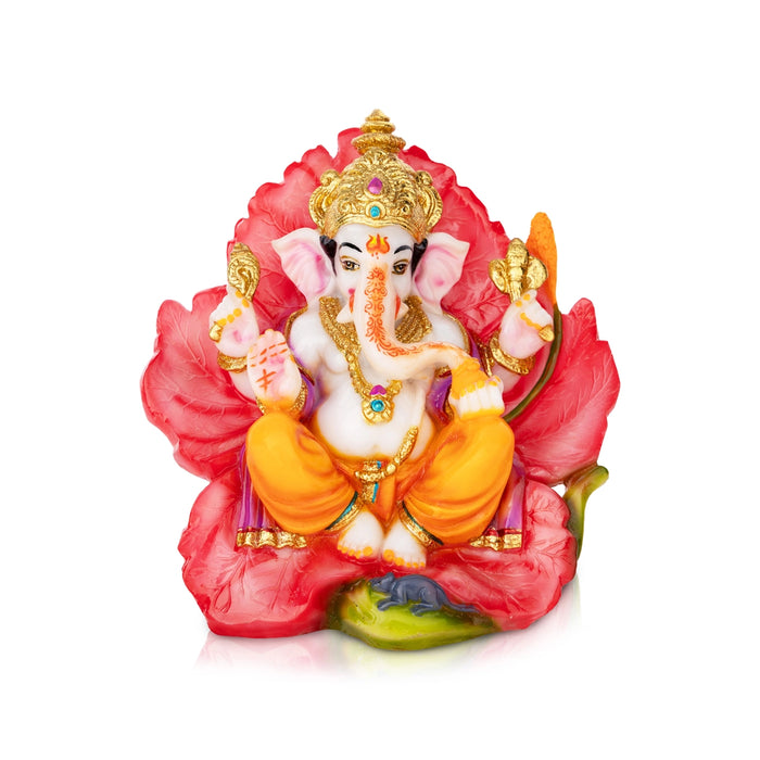 Ganesh Murti Sitting On Hibiscus Flower- 7 X 7 Inches | Marble Dust Murti/ Painted Vinayaka Statue For Worship