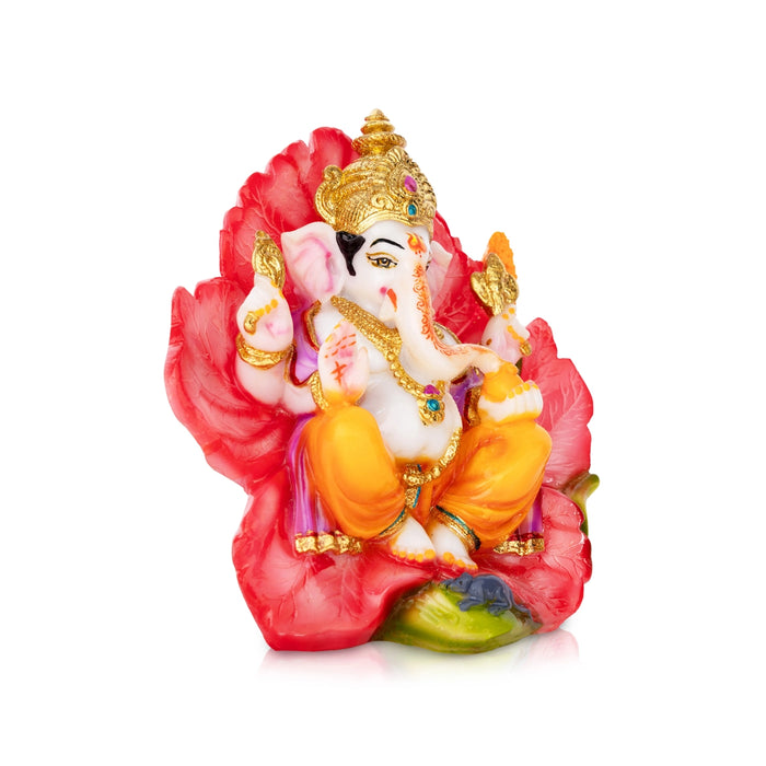 Ganesh Murti Sitting On Hibiscus Flower- 7 X 7 Inches | Marble Dust Murti/ Painted Vinayaka Statue For Worship