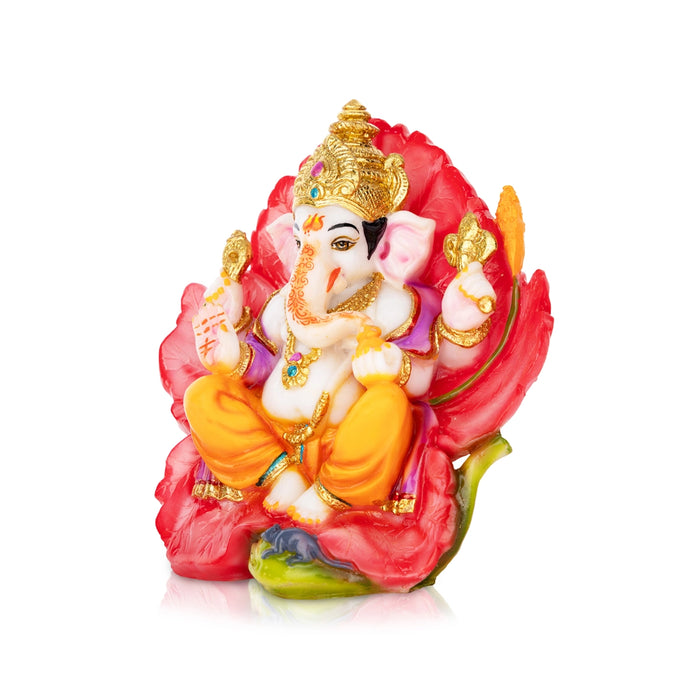 Ganesh Murti Sitting On Hibiscus Flower- 7 X 7 Inches | Marble Dust Murti/ Painted Vinayaka Statue For Worship