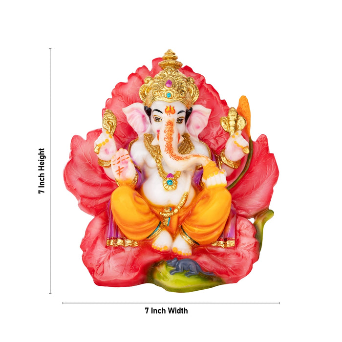 Ganesh Murti Sitting On Hibiscus Flower- 7 X 7 Inches | Marble Dust Murti/ Painted Vinayaka Statue For Worship