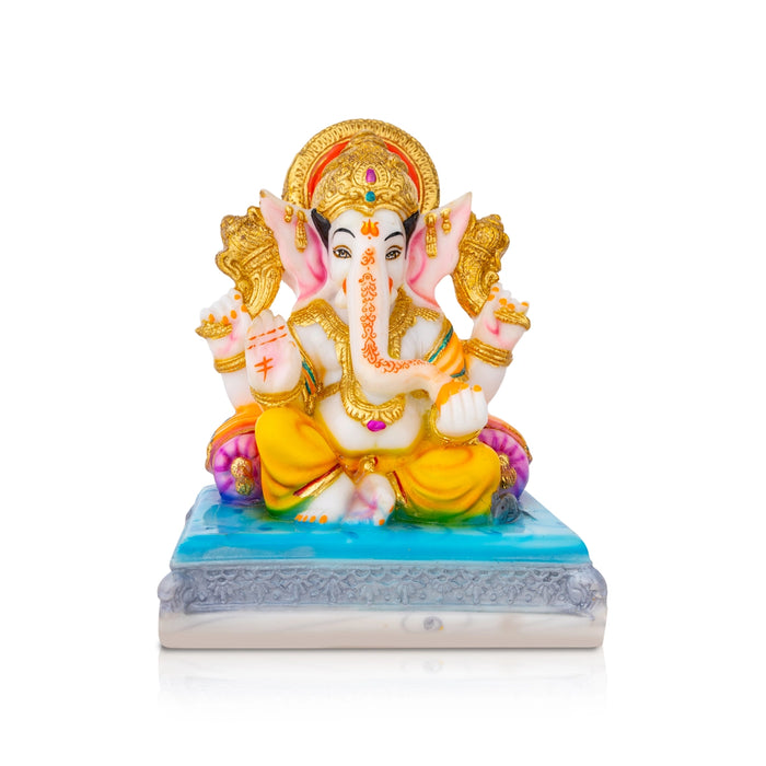 Ganesh Murti Sitting On Base - 7.5 X 6 Inches | Marble Dust Murti/ Painted Vinayaka Statue For Pooja