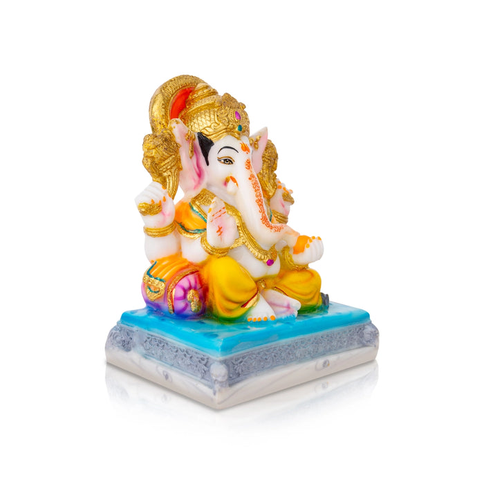 Ganesh Murti Sitting On Base - 7.5 X 6 Inches | Marble Dust Murti/ Painted Vinayaka Statue For Pooja