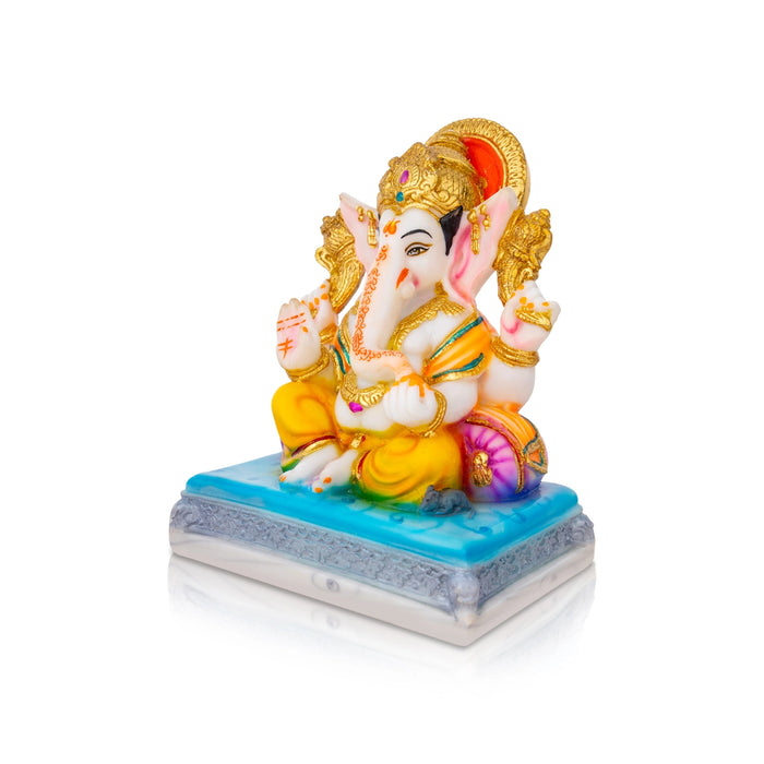 Ganesh Murti Sitting On Base - 7.5 X 6 Inches | Marble Dust Murti/ Painted Vinayaka Statue For Pooja
