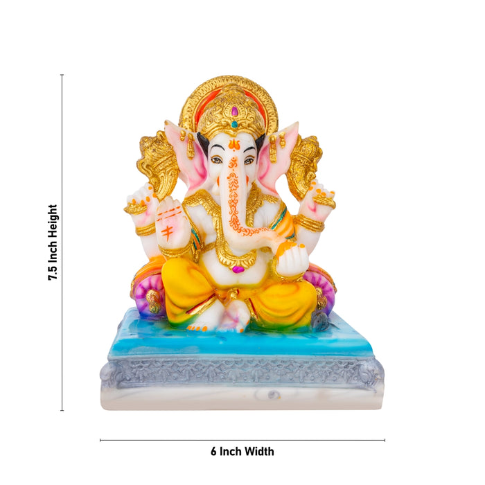 Ganesh Murti Sitting On Base - 7.5 X 6 Inches | Marble Dust Murti/ Painted Vinayaka Statue For Pooja