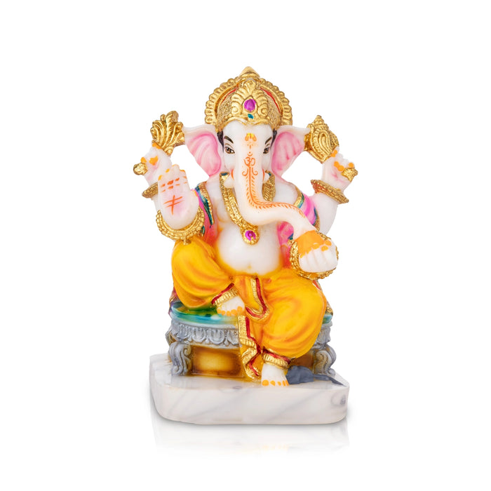 Ganesh Murti Sitting On Bajot - 7.5 X 6 Inches | Marble Dust Murti/ Painted Vinayaka Statue For Worship