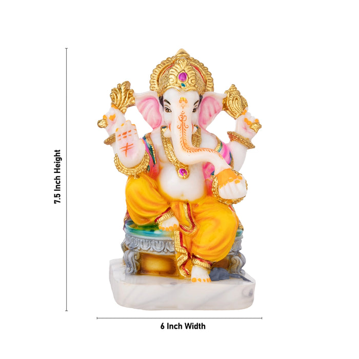Ganesh Murti Sitting On Bajot - 7.5 X 6 Inches | Marble Dust Murti/ Painted Vinayaka Statue For Worship