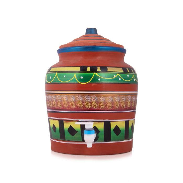 Clay Water Pot - 14.5 Inches | 11 Ltr/ Painted Water Pot With Tap/ Handmade Water Pot for Home