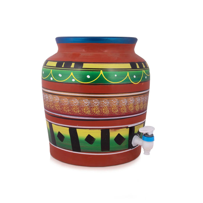 Clay Water Pot - 14.5 Inches | 11 Ltr/ Painted Water Pot With Tap/ Handmade Water Pot for Home