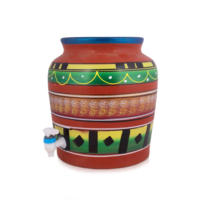 Clay Water Pot - 14.5 Inches | 11 Ltr/ Painted Water Pot With Tap/ Handmade Water Pot for Home