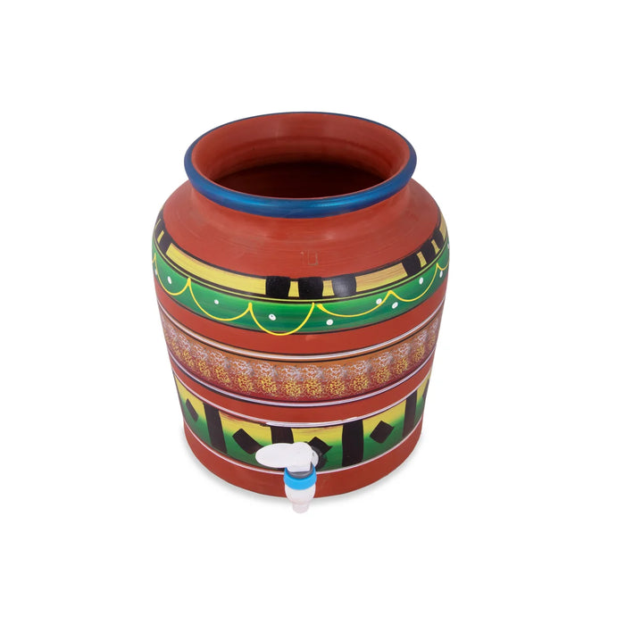 Clay Water Pot - 14.5 Inches | 11 Ltr/ Painted Water Pot With Tap/ Handmade Water Pot for Home