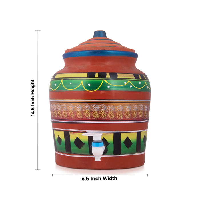 Clay Water Pot - 14.5 Inches | 11 Ltr/ Painted Water Pot With Tap/ Handmade Water Pot for Home