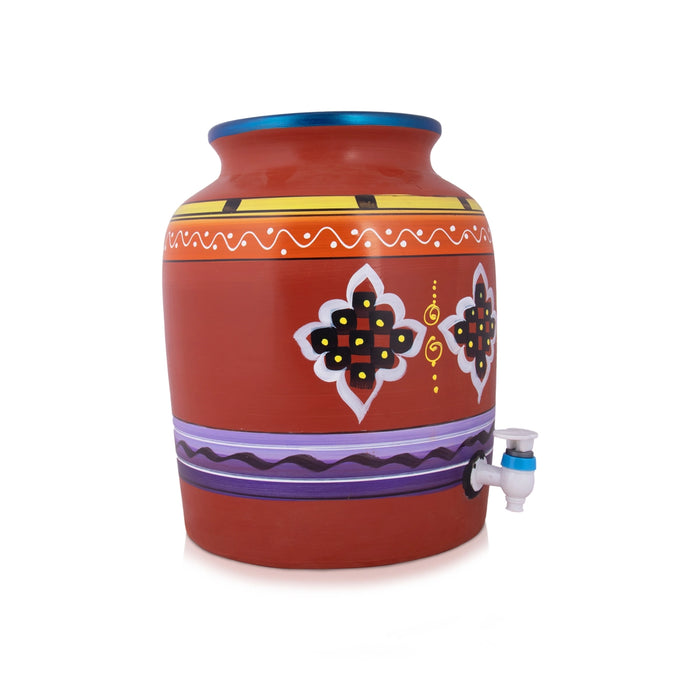 Clay Water Pot - 17 Inches | 13 Ltr/ Painted Water Pot With Tap/ Handmade Water Pot for Home