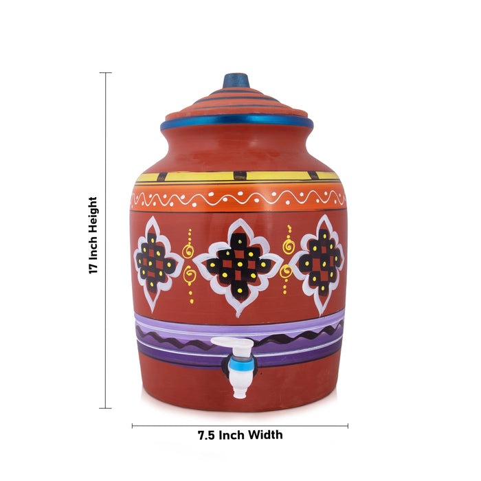 Clay Water Pot - 17 Inches | 13 Ltr/ Painted Water Pot With Tap/ Handmade Water Pot for Home