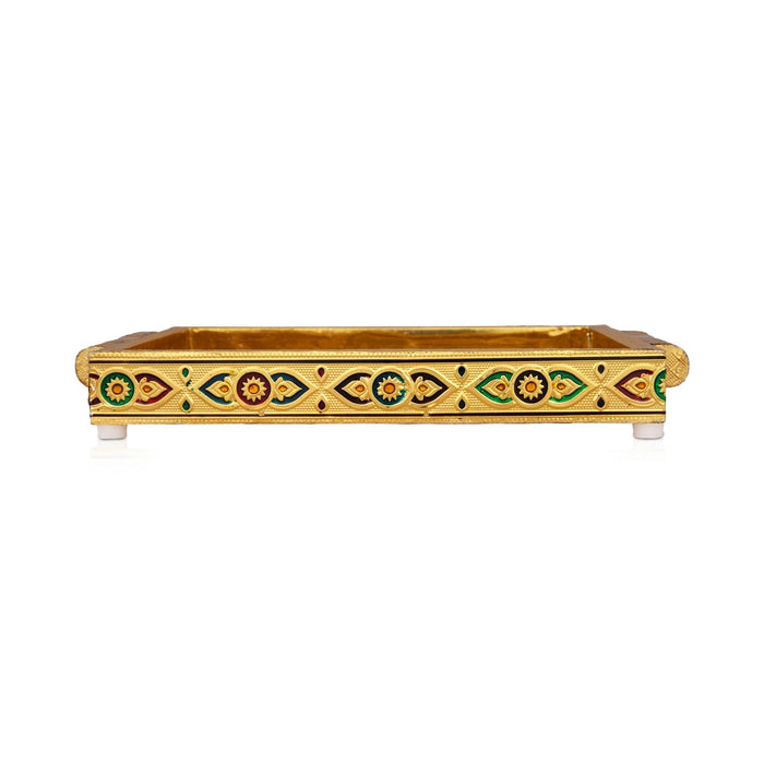 Pooja Tray - 7 x 10 Inches | Wooden Plate/ Gold Polish Thali Plate/ Meenakari Design Pooja Plate for Home