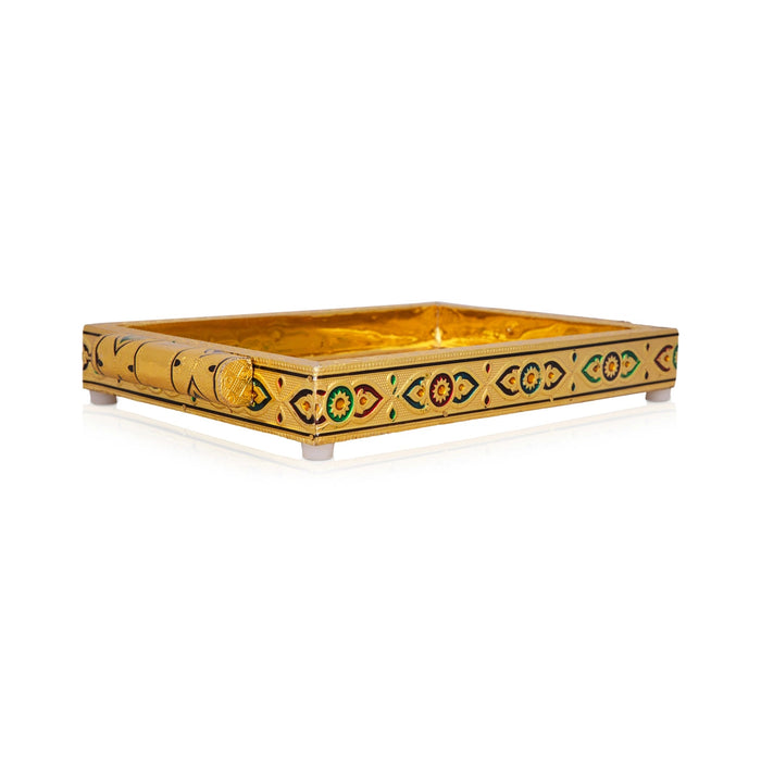 Pooja Tray - 7 x 10 Inches | Wooden Plate/ Gold Polish Thali Plate/ Meenakari Design Pooja Plate for Home