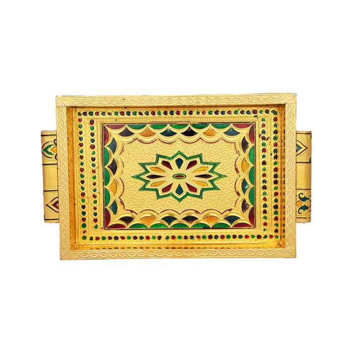 Pooja Tray - 7 x 10 Inches | Wooden Plate/ Gold Polish Thali Plate/ Meenakari Design Pooja Plate for Home