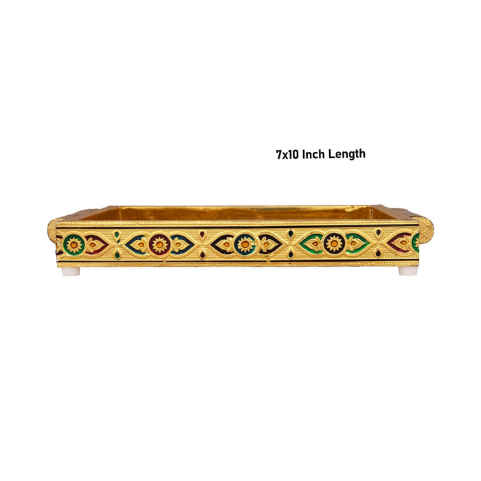 Pooja Tray - 7 x 10 Inches | Wooden Plate/ Gold Polish Thali Plate/ Meenakari Design Pooja Plate for Home