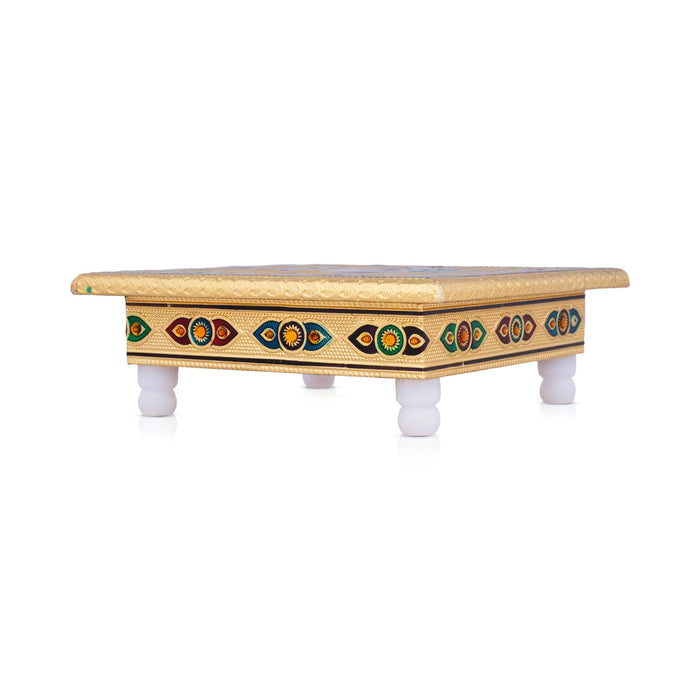 Chowki With Base - 6 x 6 Inches | Gold Polish Bajot/ Meenakari Design Manai Palagai for Pooja