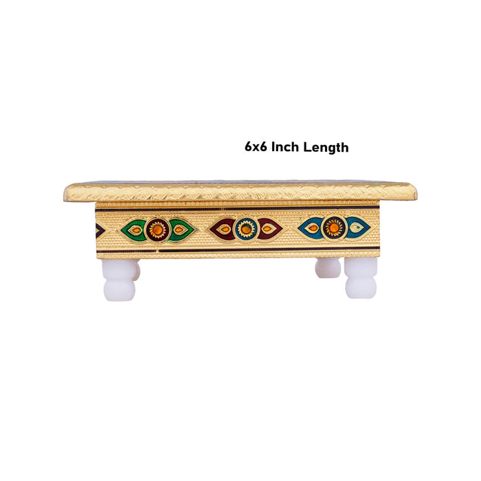 Chowki With Base - 6 x 6 Inches | Gold Polish Bajot/ Meenakari Design Manai Palagai for Pooja