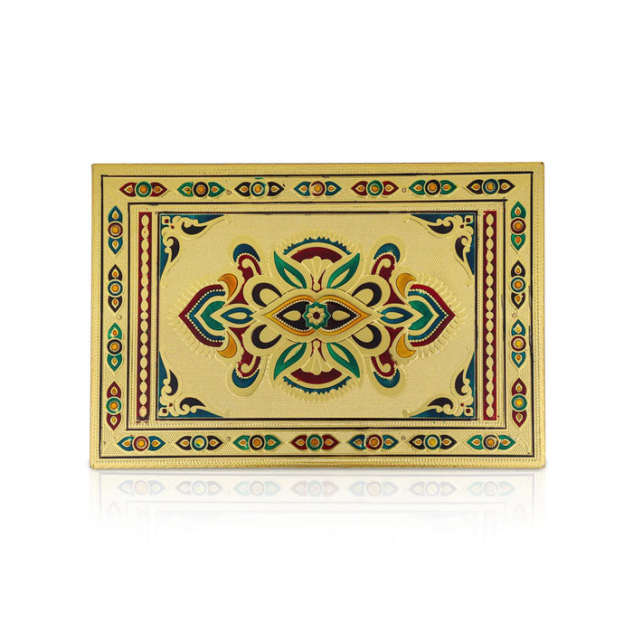 Pooja Chowki With Base - 2 x 10 x 10 Inches | Gold Polish & Wooden Bajot/ Meenakari Design Patla for Pooja