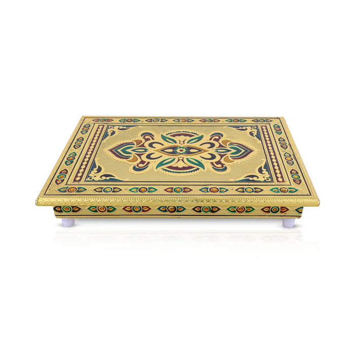 Pooja Chowki With Base - 2 x 10 x 10 Inches | Gold Polish & Wooden Bajot/ Meenakari Design Patla for Pooja