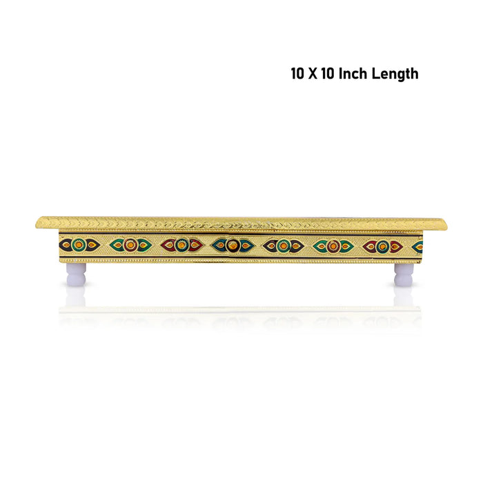 Pooja Chowki With Base - 2 x 10 x 10 Inches | Gold Polish & Wooden Bajot/ Meenakari Design Patla for Pooja